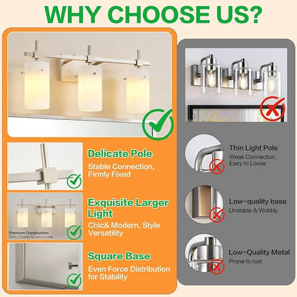 SOLFART Brushed Nickel Bathroom Light Fixtures, 3-Light Modern Vanity Light Over Mirror, Wall Sconces with Milky White Frosted Glass Shades, E26 Socket (Bulbs Not Included)