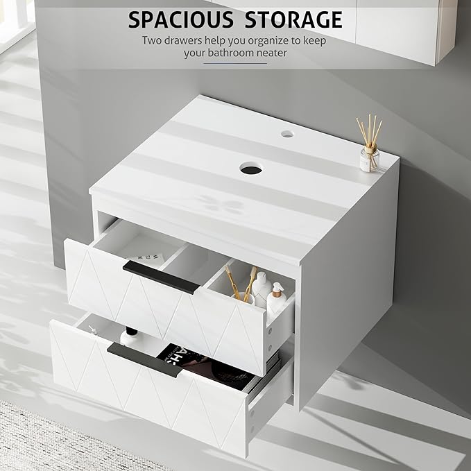 eclife 24" Floating Bathroom Vanities with Sink Combo, Wall Mounted Modern Cabinet W/Diamond Line Pattern Design, Brown Round Glass Vessel Sink W/Water Save Faucet & Pop Up Drain, White