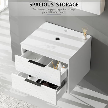 eclife 24" Floating Bathroom Vanities with Sink Combo, Wall Mounted Modern Cabinet W/Diamond Line Pattern Design, Brown Round Glass Vessel Sink W/Water Save Faucet & Pop Up Drain, White