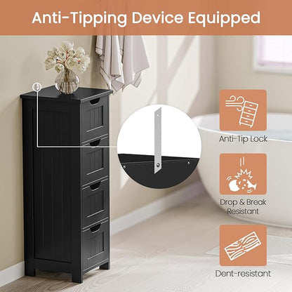 Bathroom Floor Storage Cabinet, Freestanding Wooden Side Organizer w/4 Drawers & Anti-Tip Kit for Bathroom Living Room Hallway Office Study, Black