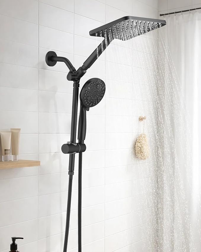 PDPBath High Pressure Rainfall Shower Head with Handheld Combo, Height Adjustable Dual Handheld Shower Head Combo with Slide Bar for Easy Reach, Matte Black