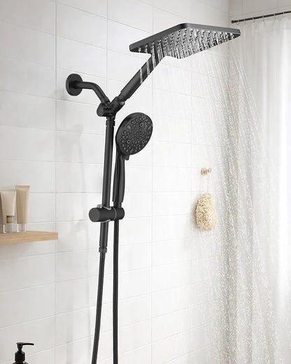 PDPBath High Pressure Rainfall Shower Head with Handheld Combo, Height Adjustable Dual Handheld Shower Head Combo with Slide Bar for Easy Reach, Matte Black
