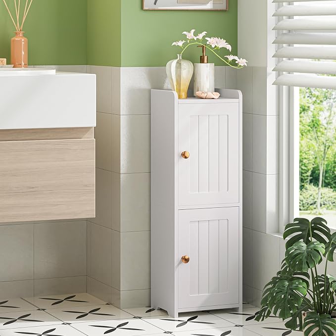Snughome Bathroom Storage Cabinet, Small Bathroom Cabinet with 2 Doors & Adjustable Shelf, Narrow Toilet Paper Cabinet for Small Spaces, White, 7.9" D x 9.8" W x 29.5" H