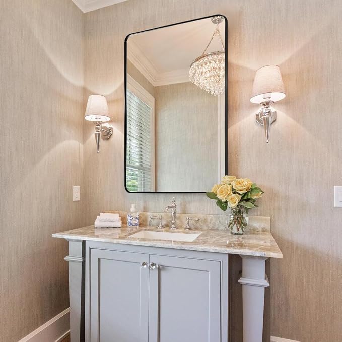 Wall Mirror for Bathroom with Stainless Steel Metal Frame, 22"x30" Rectangle Rounded Corner Frame, Matte Black Finish