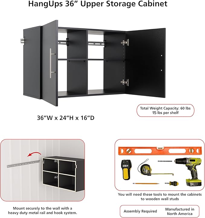 Prepac's HangUps Upper Storage Cabinet - Elegant and Spacious Wall Cabinets to Maximize Your Storage, 36" Size, Classic Black Finish