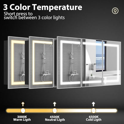 ROOMTEC 60 x 32 Inch Medicine Cabinet Mirror with LED Lights, Silver Bathroom Medicine Cabinet with Mirror and Storage, Recessed or Wall Mount, 3 Color Temperature, Dimmable Light