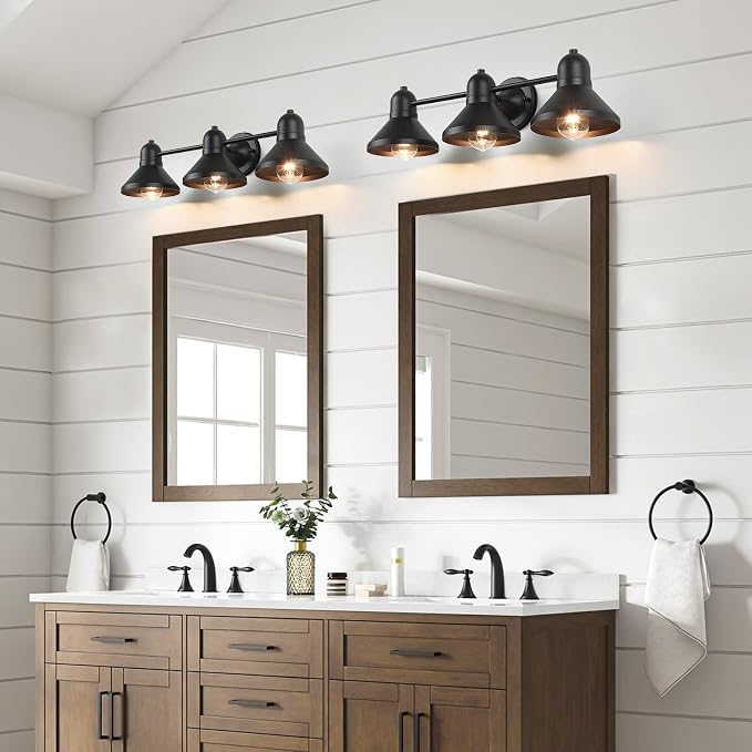 Bairth Bathroom Light Fixtures,3-Light Black Metal Vanity Light Over Mirror | Farmhouse Rustic Industrial Bathroom Vanity Light, Modern Bathroom Lights with Metal Shade for Living Room Cabinet Hallway