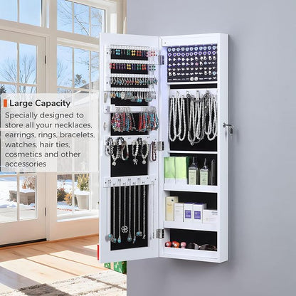 GISSAR Full Length Mirror Jewelry Cabinet, 6 LEDs Jewelry Armoire Wall Mounted Over The Door Hanging, Jewelry Organizer Display Storage Furniture with Lights Locker Mirrored Cabinet, 39.4" H, White