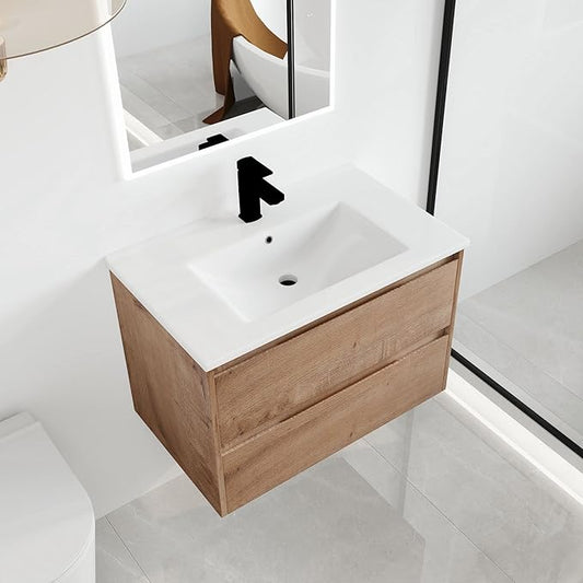 Malwee 30" Floating Bathroom Vanity with Sink, 30 Inch Single Sink Wall Mounted Bathroom Vanity Combo, with 2 Drawers and White Ceramic Basin Top, Bath Wall-Hung Cabinet Set with Storage MA05130IMO