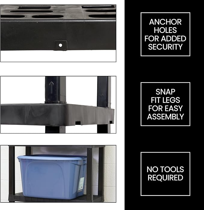 Oskar Heavy Duty Plastic Storage Shelves- for Garage, Kitchen, Bathroom Basement Kids Room, Stackable 3-Tier Black Organizer Rack for Books Shoes, Toys, Pantry, Cleaning and Closet Organization