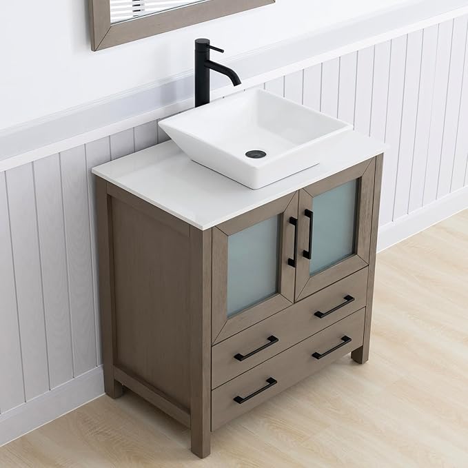 Vanity Art 30 Inch Vessel Single Sink Bathroom Vanity Cabinet with 1 Mirror, Engineered Marble Top Bathroom Cabinet Compact Set with 2 Dovetail Drawers and Soft Closing Doors, VA3130-DG