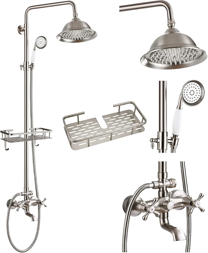 gotonovo Bathroom Exposed Shower Faucet Outdoor Shower System 8 Inch Rainfall Shower Head Set with Tub Spout and Handheld Spray Double Cross Handles Wall Mount with Shower Shelf Brushed Nickel