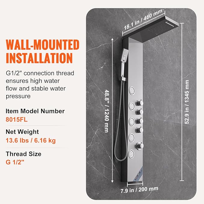 VEVOR Shower Tower, 4 Shower Modes Shower Tower System, Rainfall, Waterfall, 5 Full Body Massage Jets and 3-Setting Handheld Shower Head with 59" Hose, Stainless Steel Wall-Mounted Shower Set