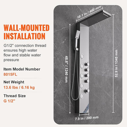 VEVOR Shower Tower, 4 Shower Modes Shower Tower System, Rainfall, Waterfall, 5 Full Body Massage Jets and 3-Setting Handheld Shower Head with 59" Hose, Stainless Steel Wall-Mounted Shower Set