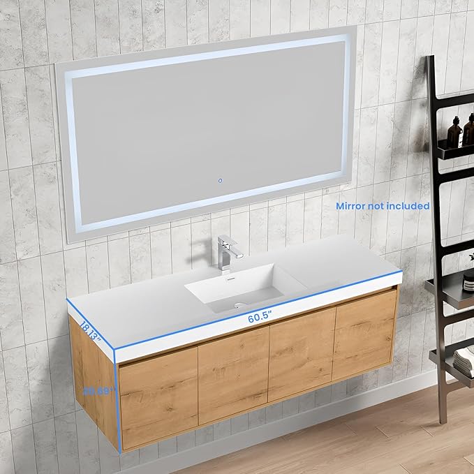 Blossom 60 Inch Bathroom Vanity with Sink, Wall Mounted Floating Bathroom Vanity Cabinet with Acrylic Sink, All Wood Soft Close Doors and Storage, Space Saving Design, Classic Oak Finish