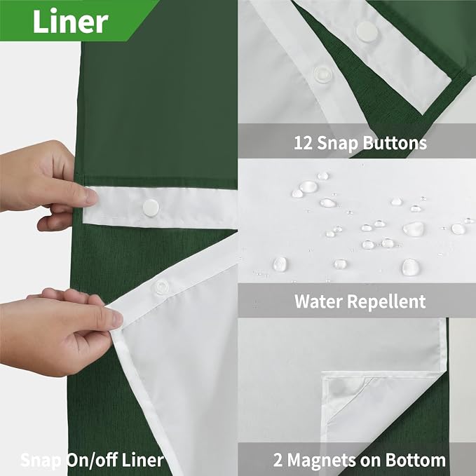 eachope No Hook Fabric Shower Curtain with Snap-in Liner,71x74Emerald Green | Linen Texture,230GSM Thick Fabric,Hotel Luxury Decor,Mesh Window,Bottom magnetic ,Waterproof & Machine Washable,for Bathroom