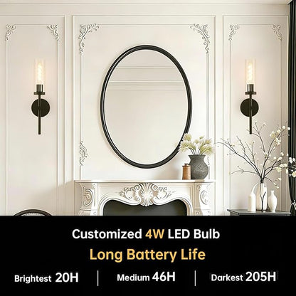 Shenmoyl Battery Operated Wall Sconces Set of 2, Black Rechargeable Wall Lighting Fixtures, Dimmable Wall Lights with Remote & Clear Glass Shade for Living Room, Bathroom,Bedroom