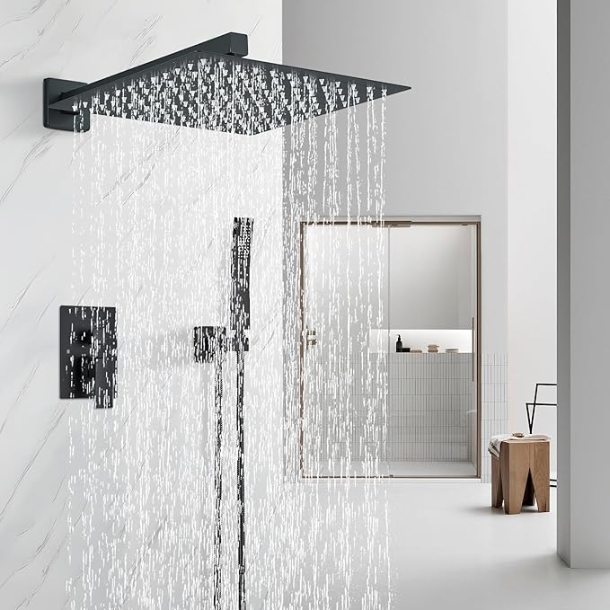 Shower Faucet Matte Black Shower System with 12 Inches Rain Shower Head and Handheld Spray Bathroom Luxury Rain Shower Faucet Set Complete Wall Mounted