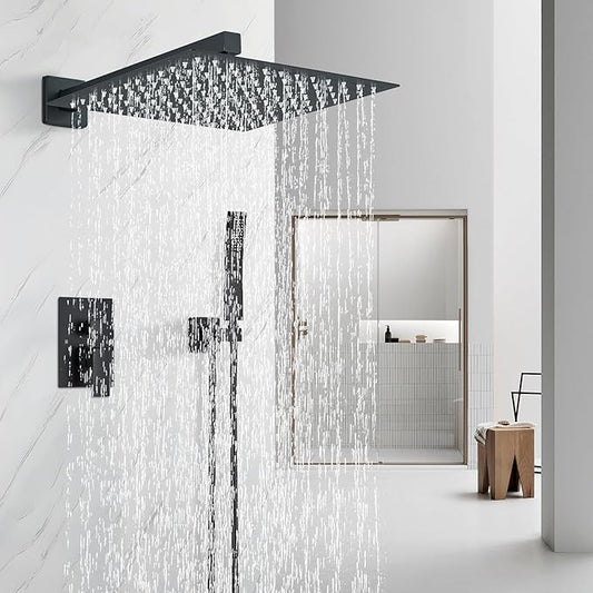 Shower Faucet Matte Black Shower System with 12 Inches Rain Shower Head and Handheld Spray Bathroom Luxury Rain Shower Faucet Set Complete Wall Mounted