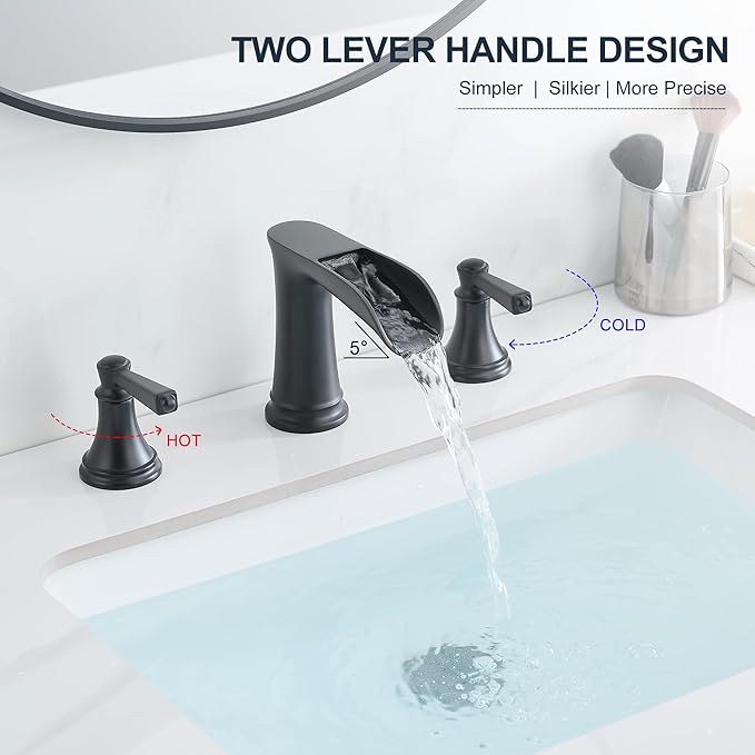 8 Inch Matte Black Bathroom Faucet 3 Hole, Brass Waterfall Bathroom Sink Faucet Widespread 2 Handle with Pop up Drain & Pre-Installed cUPC Supply Lines for Lavatory, 10 Mins Quick Install