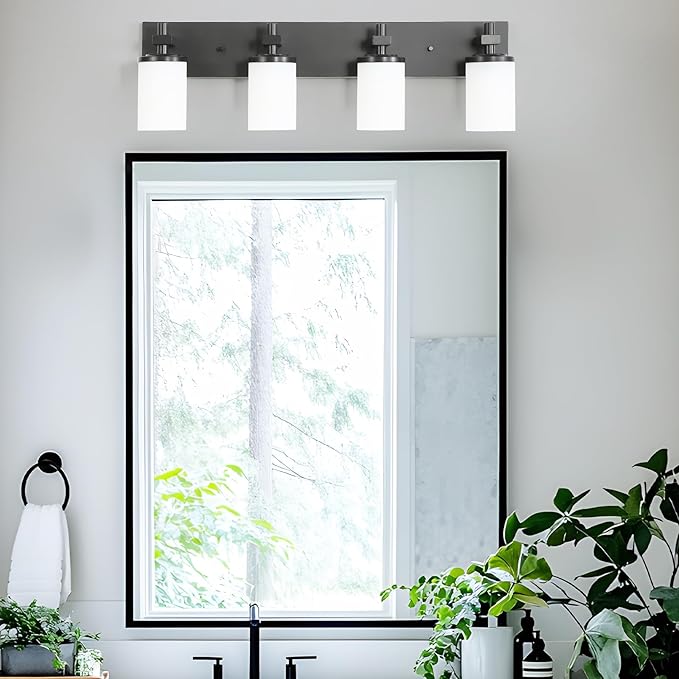 LOUSACE Bathroom Lighting Fixtures Over Mirror 4 Light Bathroom Vanity Lights Matte Black, Wall Vanity Lighting Fixture with Opal White Glass Shades for Vanity Cabinet