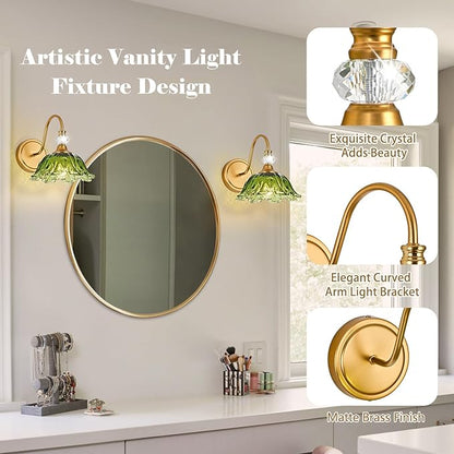 1 Piece Vintage Wall Sconce with Floral Green Glass Shade, Matte Brass Finish Wall Sconce for Bathroom, Vintage Bathroom Vanity Light Fixture