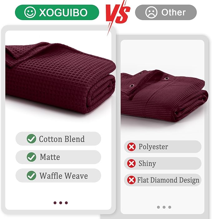 Waffle Weave Shower Curtain - Burgundy Cotton Fabric Texture Heavyweight Shower Curtains for Bathroom,Washable,72Wx72L
