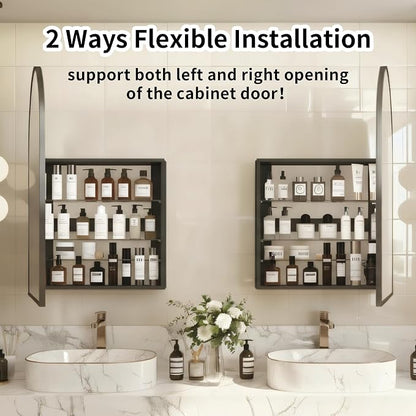 FKWin Large Medicine Cabinet Mirror for Luxury Bathrooms, Wall Mount | Large Bathroom Mirror with Storage, Modern Bathroom Style, Adjustable Shelves, Reversible Door, Bathroom Upgrade, Black