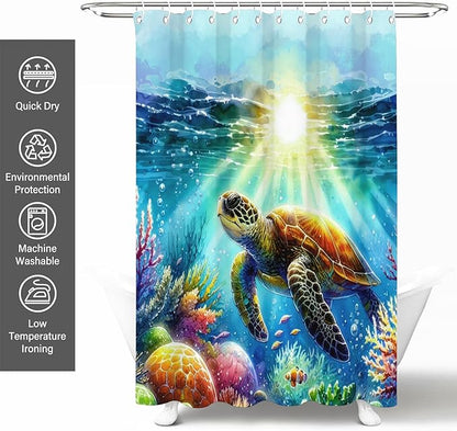 Blue Underwater Sea Turtle Shower Curtains for Bathroom,Ocean Theme and Fish Waterproof Polyester Shower Curtains,Funny Underwater Animals Theme Turtle Bathroom Decor,72x72 Inch