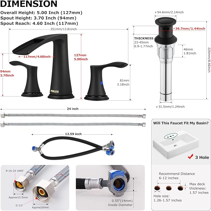 PARLOS Waterfall Widespread Bathroom Faucet Two Handles with Metal Pop Up Drain & cUPC Faucet Supply Lines, Matte Black, Demeter 1431804