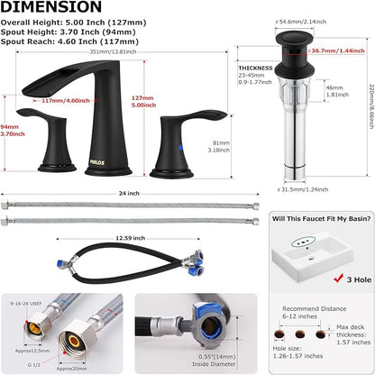 PARLOS Waterfall Widespread Bathroom Faucet Two Handles with Metal Pop Up Drain & cUPC Faucet Supply Lines, Matte Black, Demeter 1431804