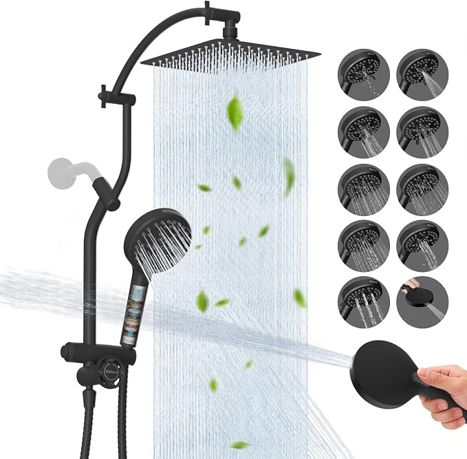 Hibbent 10'' All Metal Showerhead Combo & 10 Mode Filtered Handheld, Black | High Pressure Stainless Steel Showerhead, 4-way Diverter, Heightened All Metal Extension Arm, 71'' Hose & Holder, Easy Reach
