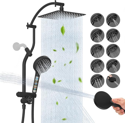 Hibbent 10'' All Metal Showerhead Combo & 10 Mode Filtered Handheld, Black | High Pressure Stainless Steel Showerhead, 4-way Diverter, Heightened All Metal Extension Arm, 71'' Hose & Holder, Easy Reach