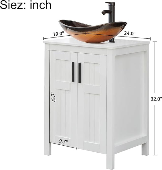 UEV White 24" Bathroom Vanity with Sink Combo,Modern Freestanding Sink Cabinet,Stylish Bathroom Vanity Cabinet,Grooved Double Doors,Metal Handles,Modern Brown Boat Tempered Glass Vessel Sink (029BR)