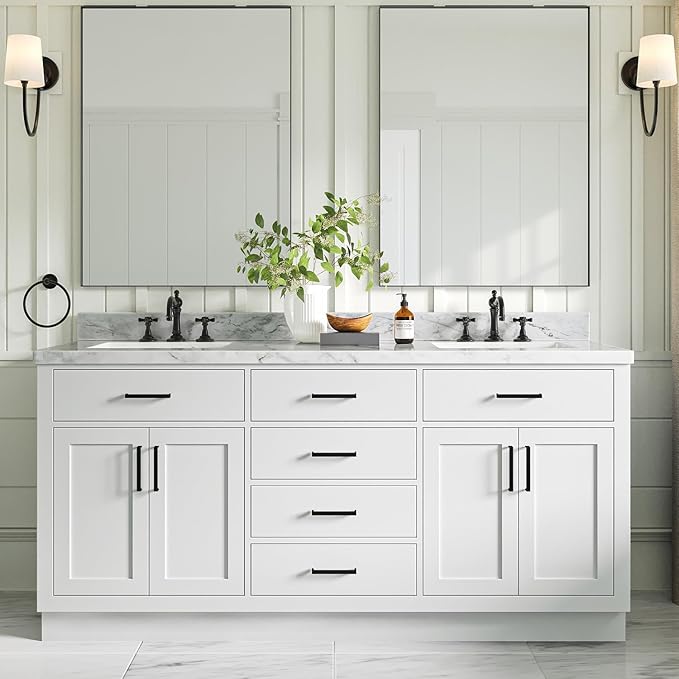 ARIEL Hepburn 72-inch Bathroom Vanity Base Cabinet,Solid Wood, 4 Soft Closing Doors, 6 Dovetail Drawers, White