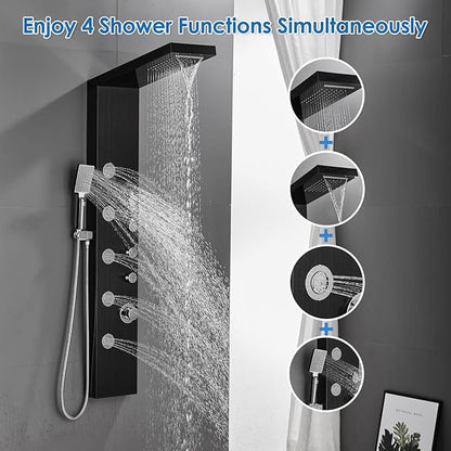ROVOGO Shower Panel Tower System with Rainfall Waterfall Shower, 5 Body Jets and 3-Setting Handheld, 304 Stainless Steel Shower Column Wall-Mount, Black