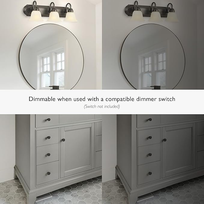 Design House Allante Vanity Light, Dimmable, Frosted Glass, 3 Light, Bathroom, Large Backplate, Easy Installation, Oil Rubbed Bronze, 24 in W x 7.75 in D x 8 in H, Item 506618