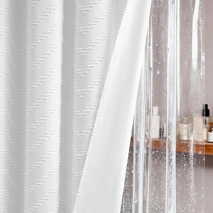 Dynamene Stall Shower Curtain and Liner Set - 54 x 78 inch Long Boho Shower Curtain and Waterproof Clear Liner, Tufted Chevron Striped Tassel Shower Curtains for Bathroom, 10 Hooks, 54x78, White
