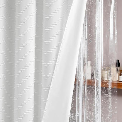 Dynamene Short Shower Curtain and Liner Set - 72 x 70 inch Boho Shower Curtain and Waterproof Clear Liner, Tufted Chevron Striped Textured Tassel Shower Curtains for Bathroom, 12 Hooks, 72x70, White