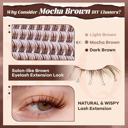 B&Q Brown Lash Clusters Kit Natural Mochalash Clusters 02, Wispy Eyelash Clusters Kit C-Curl Cluster Eyelash Extensions 8-16mm Brown Lash Eyelashes Kit for Fair/Dark Hair(Mochalash 02 Set)