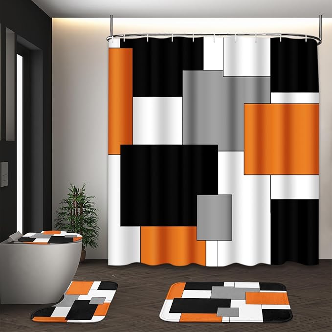 Bathroom Sets with Shower Curtain and Rugs, 4 Pcs, Geometric | Checkered Modern Abstract Orange Bathroom Decor Set with Toilet Lid Cover, Non-Slip Bath Mats and Accessories 12 Hooks