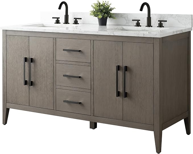 60 Inch Bathroom Vanity with Sink & Ceramic Top, Double Vanity Cabinet with Basin, Soft-Closing Doors & Matte Black Hardware, Driftwood Gray