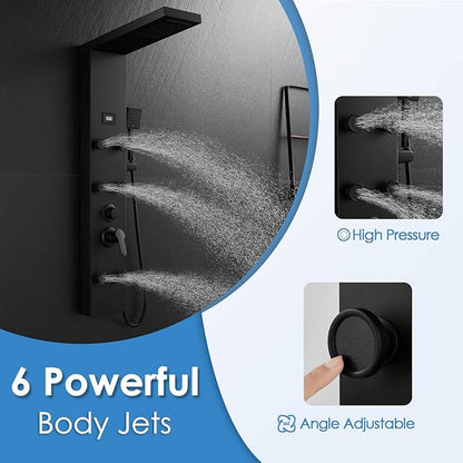 ROVOGO Shower Panel Tower System with Rainfall Waterfall Shower Head, 6 Body Jets, Handheld and Temp Display, Stainless Shower Column with Mixer Valve, All Black
