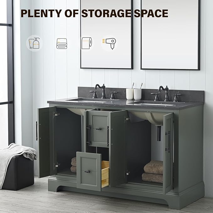 Vanity Art 54 Inch Double Sink Bathroom Vanity with Ceramic Sink and Stone Top | Undermount Rectangular Sink Cabinet Soft Closing Doors, Dovetailed Drawers, No Mirror VA5054-VG