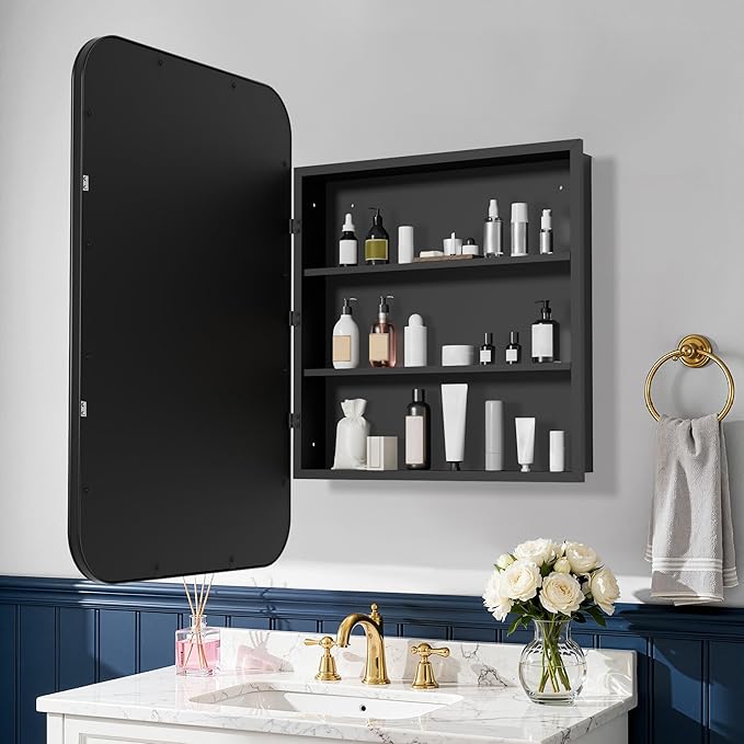 Casaphoria 36" H x 24" W Bathroom Medicine Cabinet with Mirror, Metal Frame Wall Medicine Cabinets Mirrors, Wall Mirror Cabinets, Black