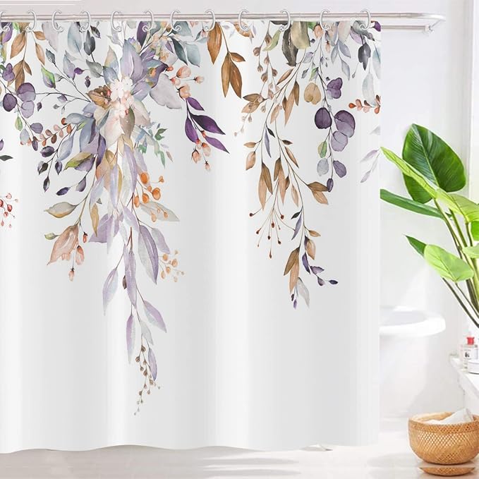 Leaf Shower Curtain, Light Purple and Tan Eucalyptus Leaves Botanical Plants on The Top Fabric Bathroom Curtain Home Decor Waterproof Washable with 12 Hooks 72.00'' x 65.00'' (GCI-8612)