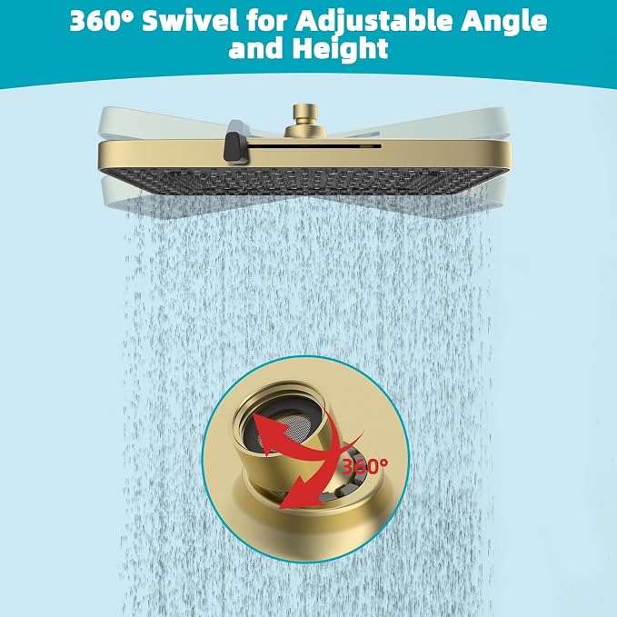 Hibbent 5 Spray Modes Shower Head, 13'' High Pressure Rain Shower Head, Large Rainfall Showerhead for Bathroom, High Flow Waterfall Fixed Showerheads with Adjustable Swivel Ball Joint, Brushed Gold