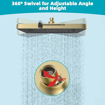 Hibbent 5 Spray Modes Shower Head, 13'' High Pressure Rain Shower Head, Large Rainfall Showerhead for Bathroom, High Flow Waterfall Fixed Showerheads with Adjustable Swivel Ball Joint, Brushed Gold