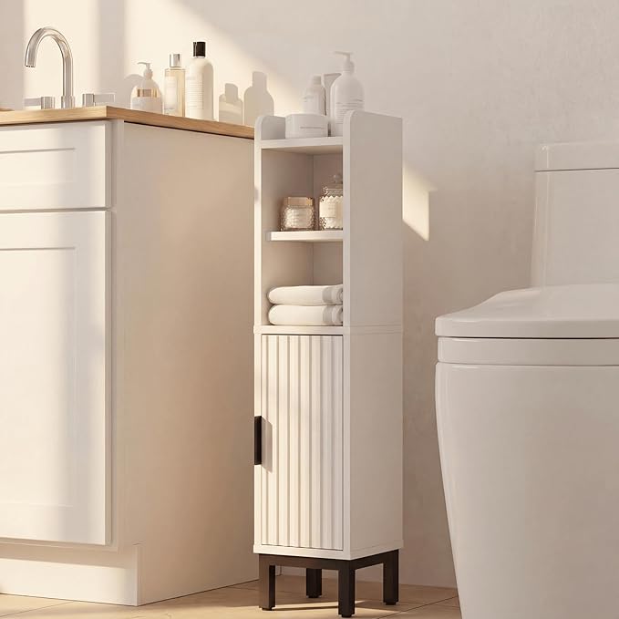Small Bathroom Storage Cabinet, Corner Narrow Toilet Paper Floor Cabinet with Door and Shelves,Bathroom Organizer with Adjustable Shelf, for Small Spaces (White, 4-Tier)