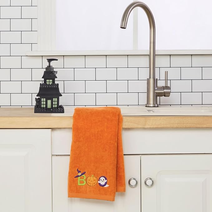 SKL Home Halloween Boo Hand Towel Set-2pc, 100% Cotton, Embroidered, Orange | Soft, decorative velour. Great for the bathroom, kitchen or bar & gifting.